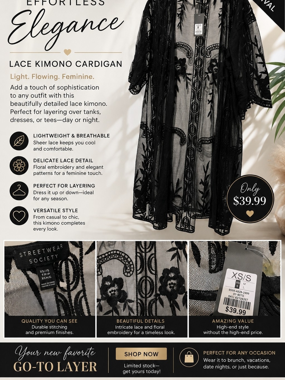 Streetwear Society Sheer Black Floral Lace Kimono
